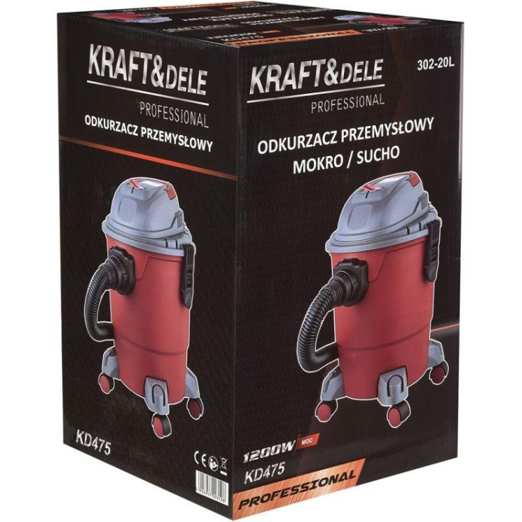 Пилосос промисловий Kraft Dele KD475 1200 Вт, 20 л, сухе прибирання, регулювання потужності, багаторазовий фільтр