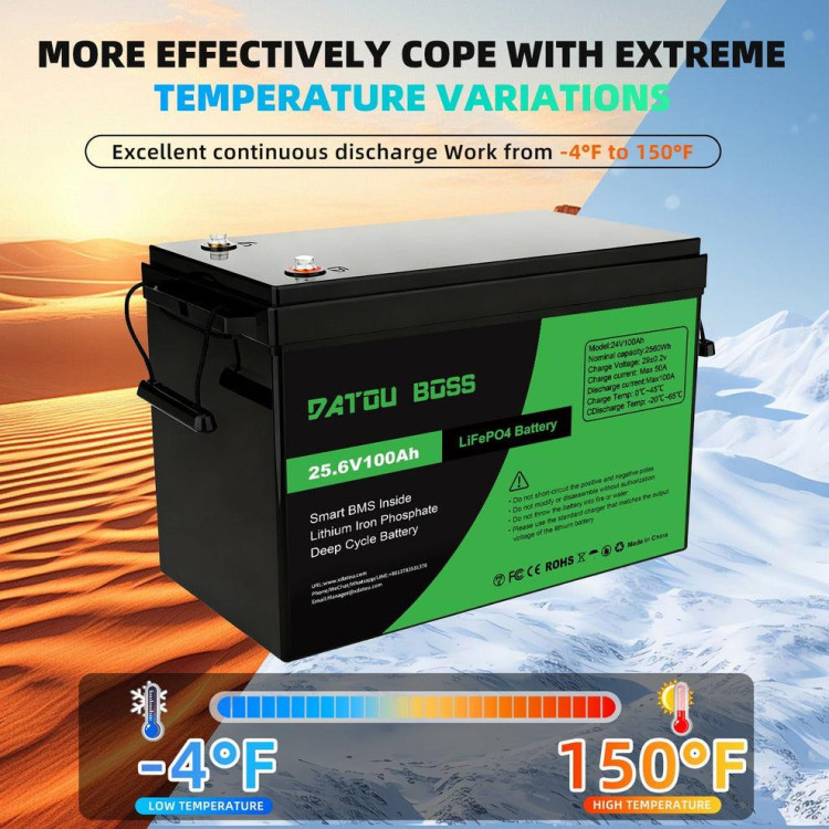 Акумулятор DATOUBOSS 100Ah LiFePO4, 25.6 V, 100 A BMS, Deep Cycle Battery, для кемпінгу та резервного живлення