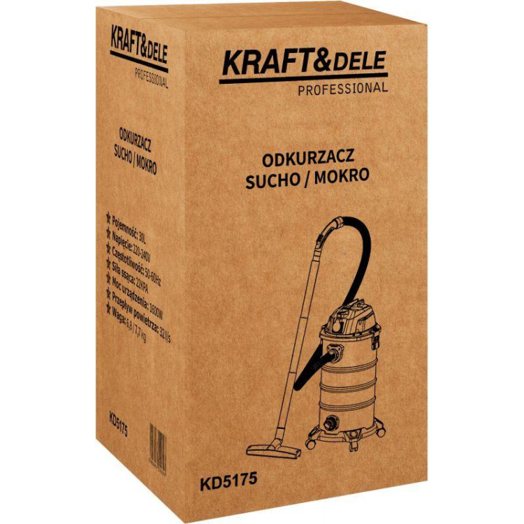 Пилосос Kraft Dele KD5175 30 л, сухе та вологе прибирання, збирання води, HEPA-фільтр, функція видування, очищення фільтра