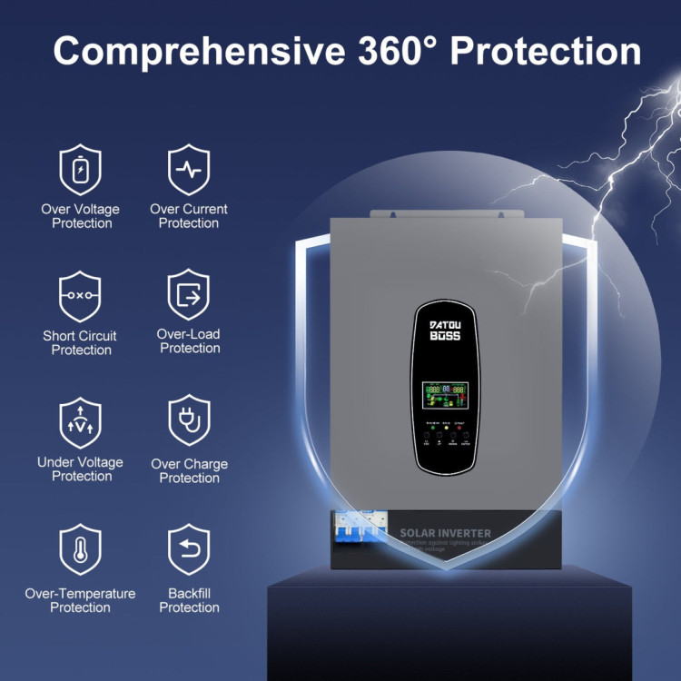 Гібридний інвертор DATOUBOSS 6200 Вт 48 В, чиста синусоїда, MPPT 120 А, BMS, пікова потужність 8500 Вт