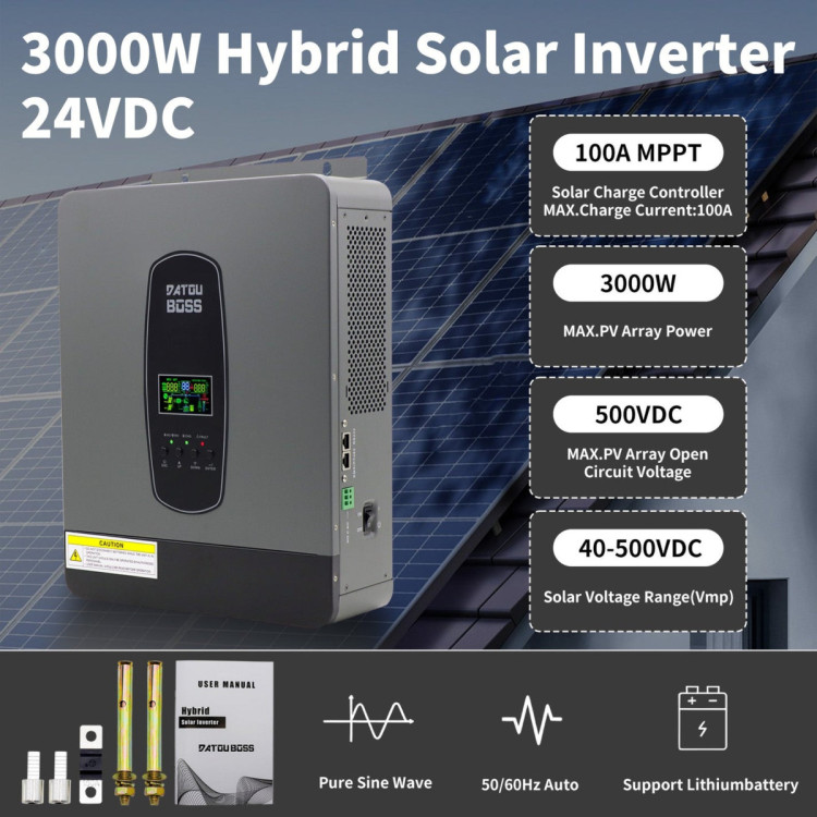 Гібридний інвертор DATOUBOSS DT2430 3000 Вт, 24 В, чиста синусоїда, MPPT 100 А, PV до 500 В, Wi-Fi