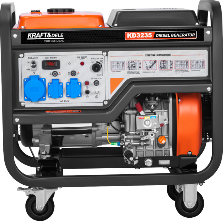 Генератор дизельний Kraft Dele KD3235 8 кВт, 230 В, 1 фаза, електростарт, AVR, 12 В, колеса та ручки
