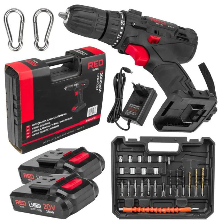 Дриль-шуруповерт акумуляторний RED TECHNIC RTWA0033, бездротовий дриль-шуруповерт, Li-Ion дриль-шуруповерт