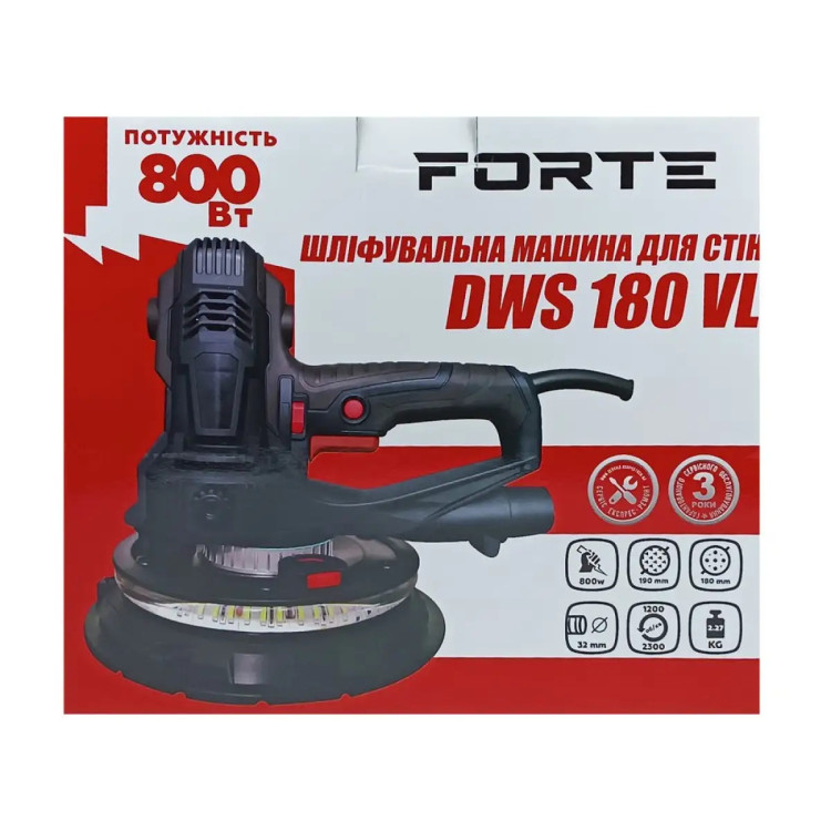 Шліфмашина для бетону Forte DWS 180 VL 800 Вт, 180 мм, 1200-2300 об./хв, з пилозбірником, LED-підсвіткою