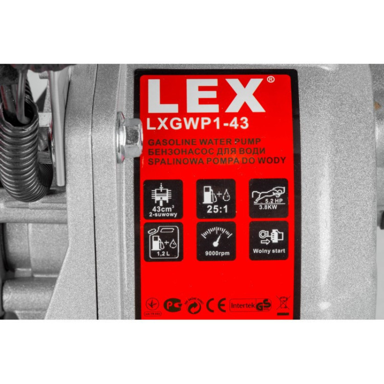 Мотопомпа бензинова LEX LXGWP143 3800 Вт, 1 дюйм, продуктивність 800 л/хв, 43 м3/год, висота підіймання 25 м, висота всмоктування 7
