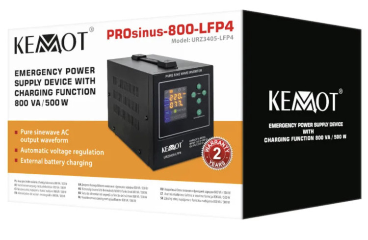 Джерело безперебійного живлення KEMOT PROsinus-800-LFP4 (ІБП) Kemot 500/800W 12v (Чорний) URZ3405-LFP4 (LiFePo